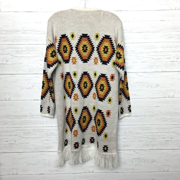 NEW Myra Bags Aztec Print Cardigan Sweater Western Orange Brown Hem Fringe XL - Picture 2 of 8